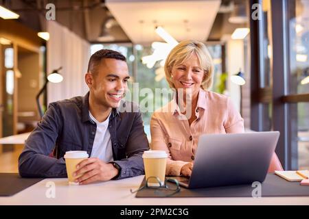 Mature Businesswoman Mentoring Younger Male Colleague Working On Laptop At Desk Stock Photo