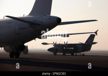 Sofia, Bulgaria - 16 February, 2023: Airbus A320 in the front and Let L-410 Turbolet in the back on Vrazhdebna Air Base. Stock Photo