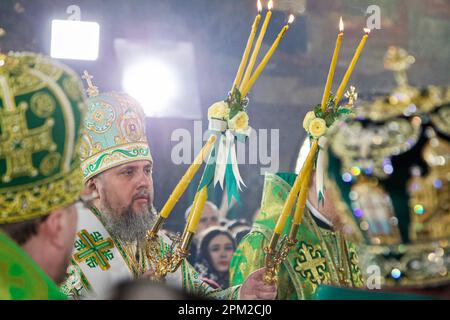 Non Exclusive: KYIV, UKRAINE - APRIL 9, 2023 - Primate of the Orthodox Church of Ukraine, Metropolitan of Kyiv and all Ukraine Epiphanius conducts the Stock Photo
