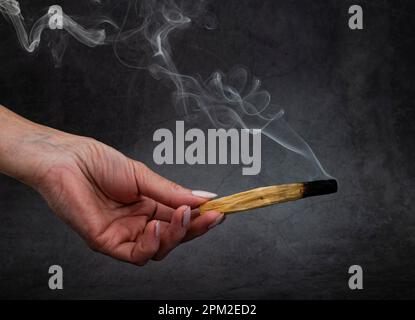 palo santo burning in front of dark background Stock Photo