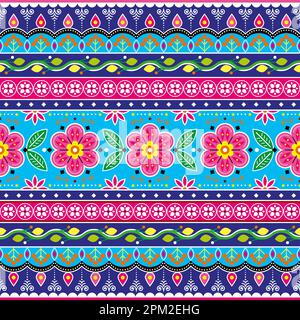 Indian and Pakistani truck art repetitive design, Jingle trucks seamless vector pattern, colorful floral decoration on blue background Stock Vector
