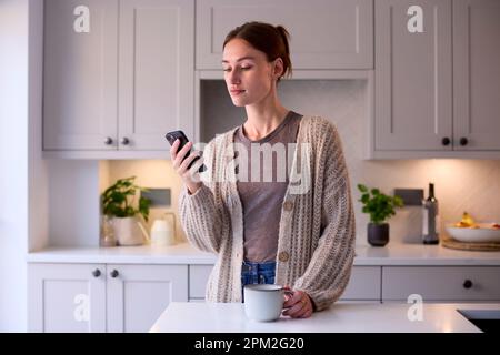 Young Woman Relaxing At Home In Kitchen Holding Hot Drink Using Mobile Phone Stock Photo