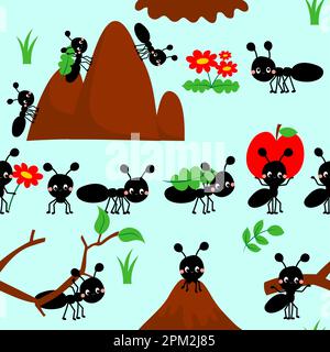 Cute seamless pattern with ants. Seamless background with anthills. Funny cartoon insects seamless pattern with cute ants. Stock Vector