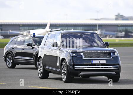 Zaventem, Belgium. 11th Apr, 2023. Illustration shows a car with number plate 3, seen at the departure in Brussels airport in Zaventem, on the way to Cayenne, French Guiana, France on Tuesday 11 April 2023, for a royal visit to the Guiana Space Centre. On Thursday ESA's Jupiter Icy Moons Explorer mission 'Juice' is planned for launch from Europe's Spaceport in Kourou. Prince Gabriel (19) is traveling with his father for an official visit for the first time. BELGA PHOTO ERIC LALMAND Credit: Belga News Agency/Alamy Live News Stock Photo