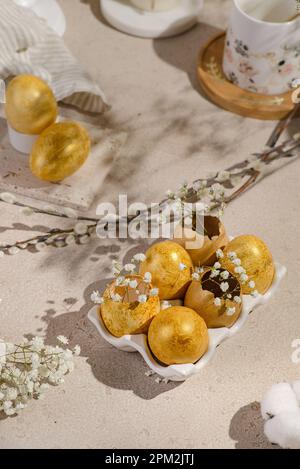 easter composition with painted eggs and flowers. High quality photo Stock Photo