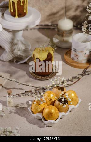 easter cake and painted easter eggs. High quality photo Stock Photo