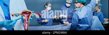 Gynecological surgery. Team of surgeons performing gynecological surgery on a patient with uterine fibroids Stock Photo