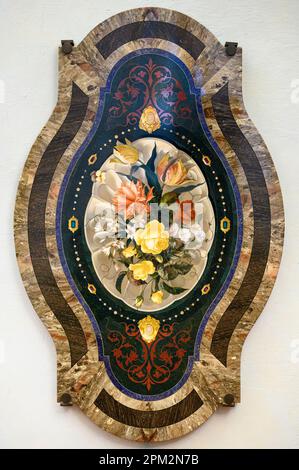 Florence. Italy. Museum of the Opificio delle pietre dure (Workshop of Semi-Precious Stones). Tray with flowers, 1874.  Vassoio con fiori, 1874. Stock Photo