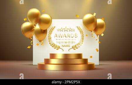 Awards nomination name podium, golden prize event, scene star ceremony. Stock Vector