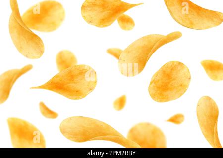 Flying and falling crispy potato chips realistic vector background. Thin crunchy slices of fried potato vegetable with salt and spices 3d backdrop of Stock Vector