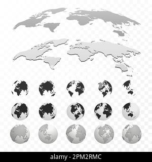 Earth globe. Set of modern 3d world maps, isolated on transparent background. Planet with continents. Africa Asia, Australia, Europe, North America an Stock Vector