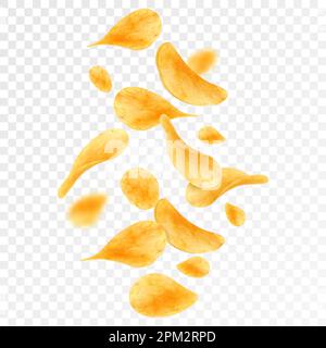 Flying and falling crispy potato chips realistic vector background. Thin crunchy slices of fried potato vegetable with salt and spices 3d backdrop of Stock Vector