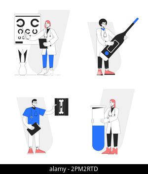 Medical care services flat line concept vector spot illustrations pack Stock Vector