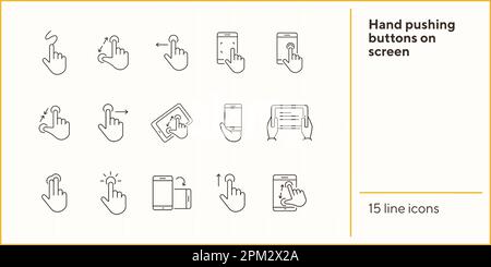 Hand pushing buttons on screen icons Stock Vector