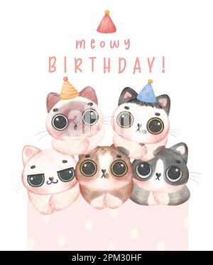 Group of adorable birthday kitten cats head in different breeds Meowy birthday watercolor illustration greeting card Stock Vector
