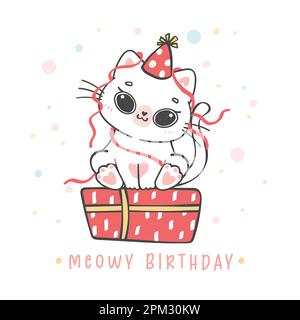 Cute adorable playful kitten cat sit on present box, meowy birthday cheerful pet animal cartoon doodle character drawing Stock Vector