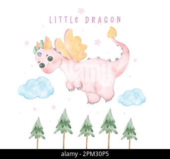 Adorable baby pink dragon flying on tree little dragon watercolour, whimsical children animal nursery illustration Stock Vector