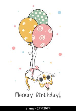 cute funny playful calico cat flying with balloons, Meowy Birthday, cheerful pet animal cartoon doodle character drawing Stock Vector