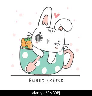 Cute kawaii white bunny rabbit in coffee cup, bunny coffee, cute cartoon character animal hand drawing doodle Stock Vector