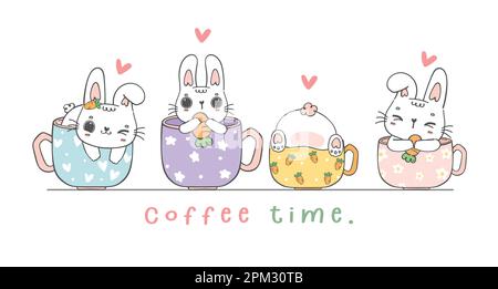 Group of cute kawaii white bunny rabbits in coffee cup, coffee time, cute cartoon character animal hand drawing doodle banner Stock Vector