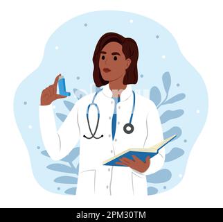 A young smiling black woman doctor man holds an inhaler for inhalation in his hands. World Asthma and Allergy Day. Childrens doctor. Bronchial Asthma. Stock Vector