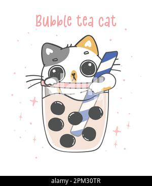 Kawaii funny calico kitten cat in bubble milk tea cup, bubble tea cat, adorable cartoon animal doodle hand drawing Stock Vector