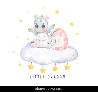 Adorable baby grey dragon sitting on fluffy cloud little dragon watercolour, whimsical children animal nursery illustration Stock Vector