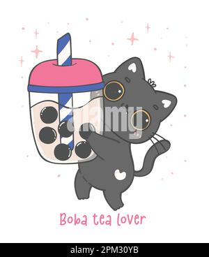 Kawaii black kitten cat hug bubble milk tea cup, boba cat lover, adorable cartoon animal doodle hand drawing Stock Vector