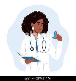 A young smiling black woman doctor man holds an inhaler for inhalation in his hands. World Asthma and Allergy Day. Childrens doctor. Bronchial Asthma. Stock Vector