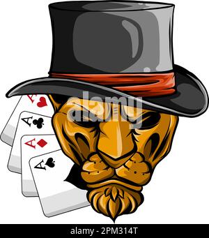 Portrait of lion in bowler hat and poker aces. vector illustration design. digital hand draw Stock Vector
