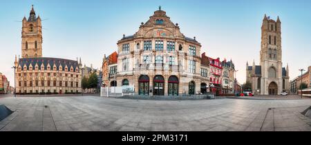 Ghent, Belgium panorama of Sint - Baafsplein square: Saint Bavo Cathedral (Sint-Baafskathedraal) and Sint - Baafsplein and Belfry. Stock Photo