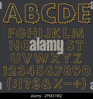 Colored chopped alphabet, numbers and signs with warning markings. Isolated vector objects. Stock Vector