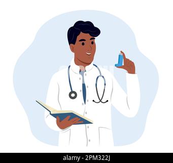 A young smiling black man doctor man holds an inhaler for inhalation in his hands. World Asthma and Allergy Day. Childrens doctor. Bronchial Asthma. A Stock Vector