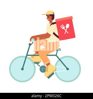 Guy delivering prepared meals in backpack on bicycle semi flat colorful vector character Stock Vector