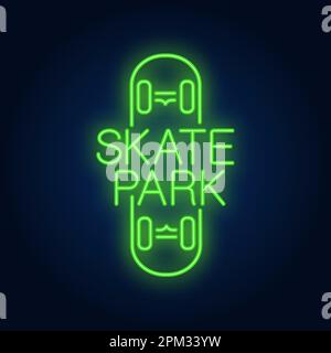 Skate park neon text on skateboard logo Stock Vector