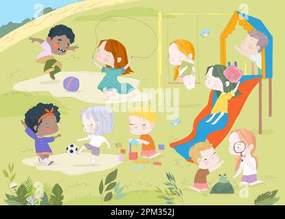 Group of Kids playing on Playground Spending Time in Games, having fun, fooling around Stock Vector