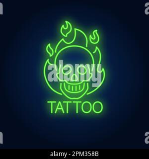 Tattoo neon word with smiling skull in flame outline Stock Vector