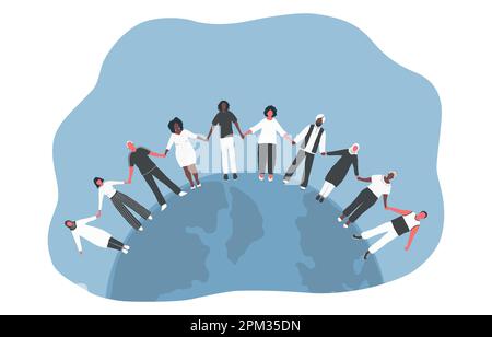 Multicultural group of people. Men and women stand on the globe. Earth Day Concept. Vector illustration Stock Vector