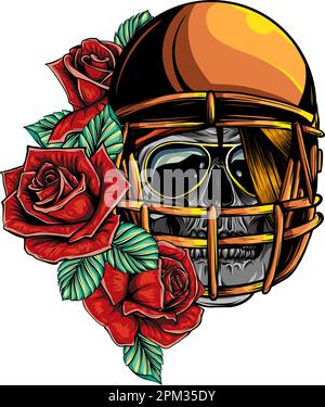 Skull In Football Helmet with roses vector illustration on white background Stock Vector