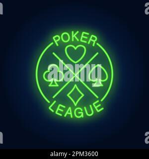 Poker league lettering with suits. Neon icon on brick background Stock Vector