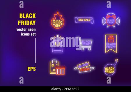 Black Friday neon signs set Stock Vector
