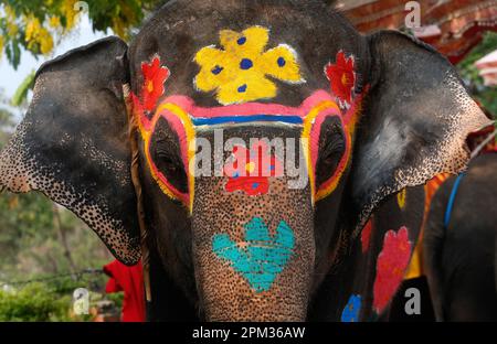 Ayutthaya, Thailand. 11th Apr, 2023. A painted elephant seen during the celebration of the Songkran water festival in Ayutthaya province, north of Bangkok. The event was held to promote tourism in Thailand. Credit: SOPA Images Limited/Alamy Live News Stock Photo