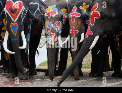 Ayutthaya, Thailand. 11th Apr, 2023. Painted elephants seen in celebration of the Songkran water festival in Ayutthaya province, north of Bangkok. The event was held to promote tourism in Thailand. (Photo by Chaiwat Subprasom/SOPA Images/Sipa USA) Credit: Sipa USA/Alamy Live News Stock Photo