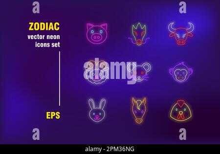 Signs of Asian zodiac collection in neon style Stock Vector