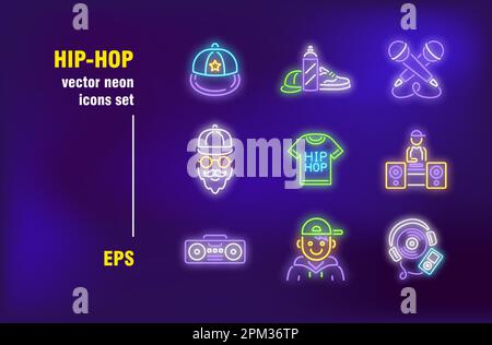 Hip hop neon signs set Stock Vector