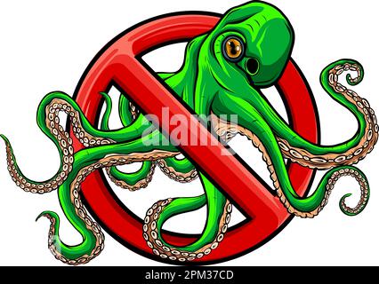 No Octopus Symbol Isolated on White Background. Underwater Animal Vector Illustration Prohibition Stop Sign. Stock Vector