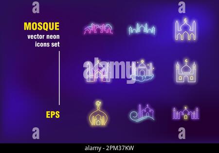 Mosque set in neon style Stock Vector