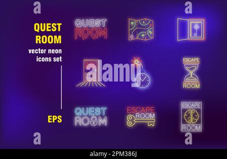 Quest room neon signs set Stock Vector