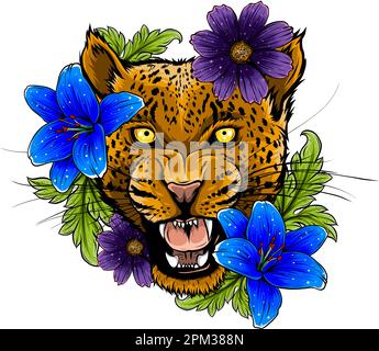 vector Leopard Head With Color Flower Wreath Stock Vector