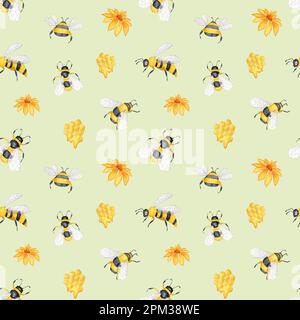 Apiculture. Watercolor seamless pattern with bees and field flowers ...